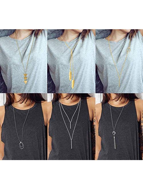 FUNEIA 6 PCS Long Pendant Necklace for Women Simple Bar Layer Three Triangle Tassel Y Charm Necklace Set