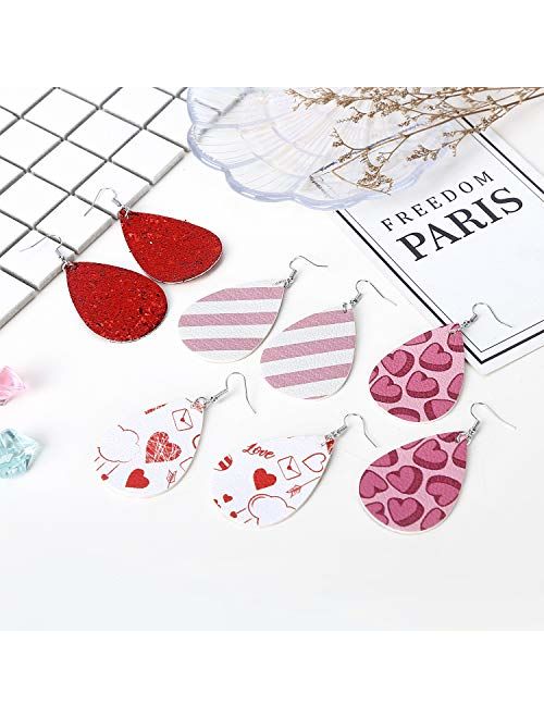 MTSCE 12-20 Pairs Leather Earrings for Women Girls Party, Lightweight Teardrop Faux Leather Earrings, Heart-Shaped Print Drop Earrings Set Valentine Day Gift