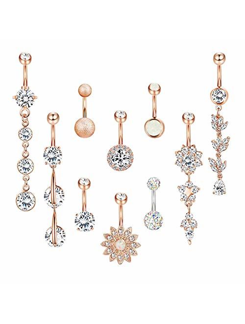 YOVORO 5-10PCS 14G 316L Stainless Steel Dangle Belly Button Rings for Women Navel Rings Curved Barbell Body Piercing