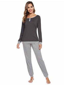 Aibrou Women's Cotton Long Sleeve Pajamas Set Soft Sleepwear Loungewear