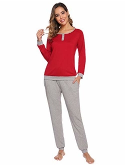 Aibrou Women's Cotton Long Sleeve Pajamas Set Soft Sleepwear Loungewear