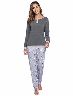 Aibrou Women's Cotton Long Sleeve Pajamas Set Soft Sleepwear Loungewear