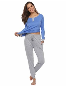 Aibrou Women's Cotton Long Sleeve Pajamas Set Soft Sleepwear Loungewear