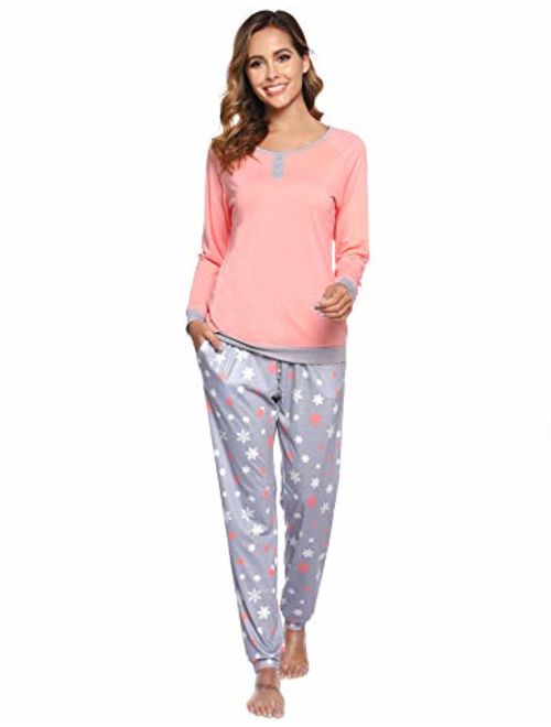 Aibrou Women's Cotton Long Sleeve Pajamas Set Soft Sleepwear Loungewear