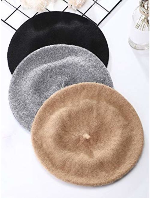 Hestya 3 Pieces Beret Hat French Style Beanie Cap Solid Color Winter Hat for Women and Girls Casual Use