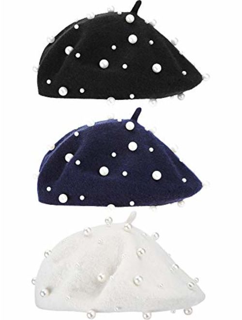 Hestya 3 Pieces Beret Hat French Style Beanie Cap Solid Color Winter Hat for Women and Girls Casual Use