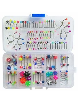 Oasis Plus Lot 110 PCS Body Jewelry Piercing Kit Eyebrow Navel Belly Tongue Lip Bar Nose Ring 22 Styles (No Duplicates)