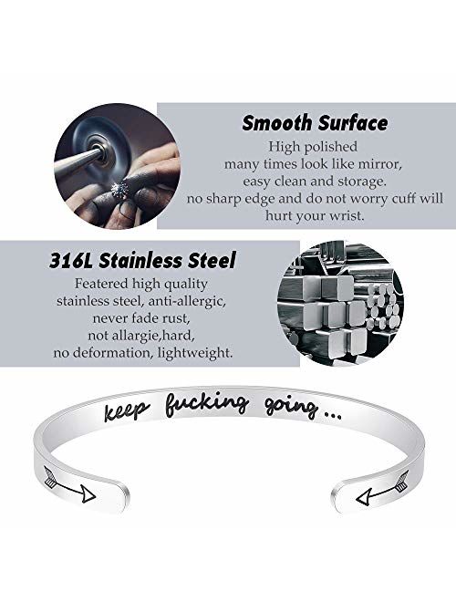 Fesciory Inspirational Bracelets for Women,Stainless Steel Engraved Personalized Positive Mantra Quote Keep Going Cuff Bangle College Graduation for Her