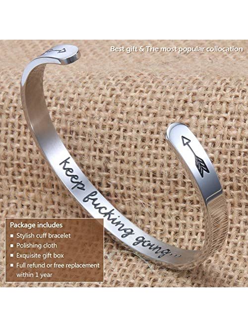 Fesciory Inspirational Bracelets for Women,Stainless Steel Engraved Personalized Positive Mantra Quote Keep Going Cuff Bangle College Graduation for Her