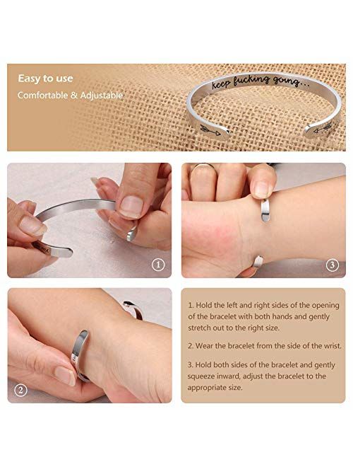 Fesciory Inspirational Bracelets for Women,Stainless Steel Engraved Personalized Positive Mantra Quote Keep Going Cuff Bangle College Graduation for Her