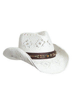 Vamuss Straw Cowboy Hat W/Vegan Leather Band & Beads, Shapeable Brim, Beach Cowgirl