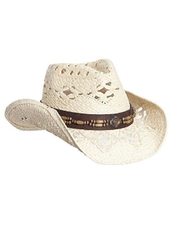 Vamuss Straw Cowboy Hat W/Vegan Leather Band & Beads, Shapeable Brim, Beach Cowgirl