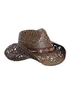 Vamuss Straw Cowboy Hat W/Vegan Leather Band & Beads, Shapeable Brim, Beach Cowgirl