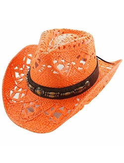 Vamuss Straw Cowboy Hat W/Vegan Leather Band & Beads, Shapeable Brim, Beach Cowgirl