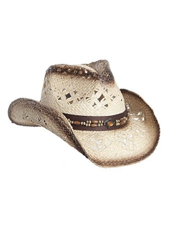 Vamuss Straw Cowboy Hat W/Vegan Leather Band & Beads, Shapeable Brim, Beach Cowgirl