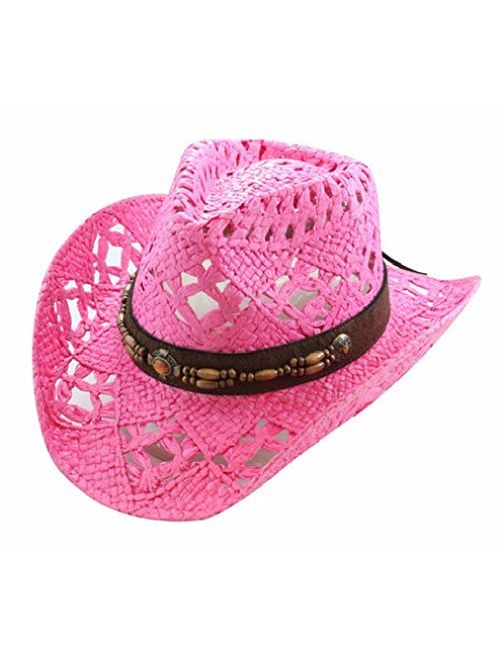 Vamuss Straw Cowboy Hat W/Vegan Leather Band & Beads, Shapeable Brim, Beach Cowgirl