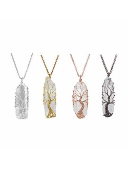 Top Plaza Natural Raw Stone Healing Crystal Necklace Silver Tree of Life Wire Wrapped Clear Quartz Point Pendant for Womens Ladies