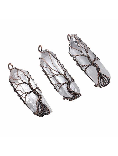 Top Plaza Natural Raw Stone Healing Crystal Necklace Silver Tree of Life Wire Wrapped Clear Quartz Point Pendant for Womens Ladies