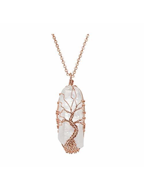 Top Plaza Natural Raw Stone Healing Crystal Necklace Silver Tree of Life Wire Wrapped Clear Quartz Point Pendant for Womens Ladies