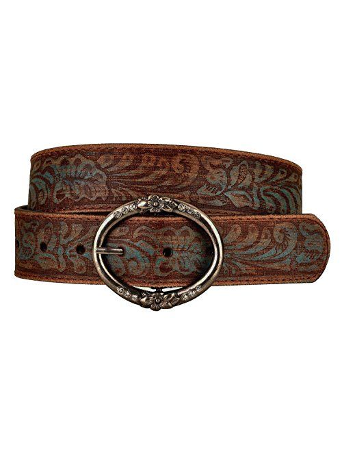 Distressed and Embossed Brown Teal Leather Belt with Rhinestone Ring Buckle