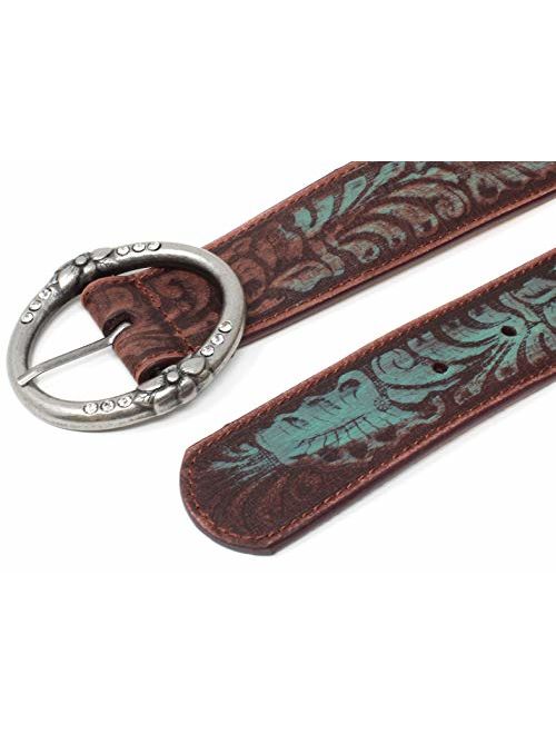 Distressed and Embossed Brown Teal Leather Belt with Rhinestone Ring Buckle