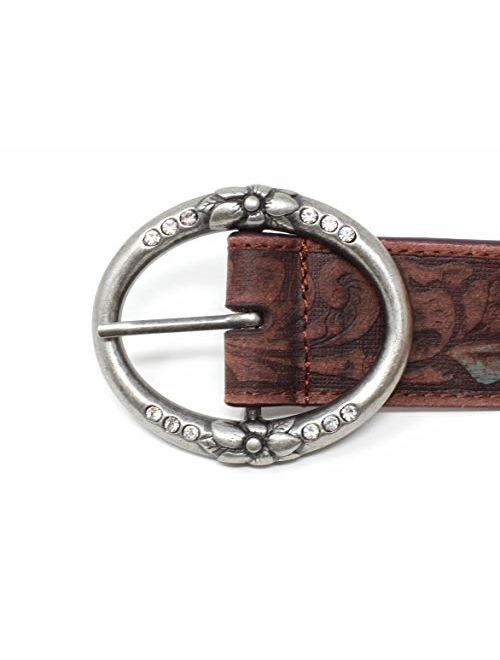 Distressed and Embossed Brown Teal Leather Belt with Rhinestone Ring Buckle