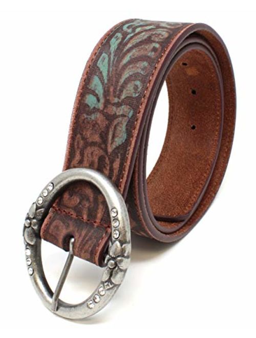 Distressed and Embossed Brown Teal Leather Belt with Rhinestone Ring Buckle