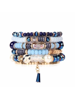 Bead Multi Layer Versatile Statement Bracelets - Stackable Beaded Strand Stretch Bangles Sparkly Crystal Mix, Tassel Charm