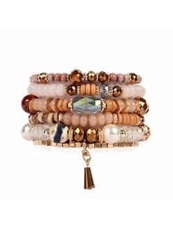 Bead Multi Layer Versatile Statement Bracelets - Stackable Beaded Strand Stretch Bangles Sparkly Crystal Mix, Tassel Charm