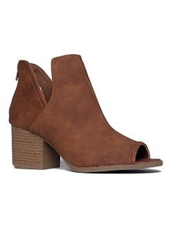 J. Adams Tabs Western Boots - Cut Out Peep Toe Stacked Low Heel Ankle Bootie