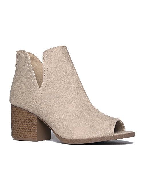 J. Adams Tabs Western Boots - Cut Out Peep Toe Stacked Low Heel Ankle Bootie