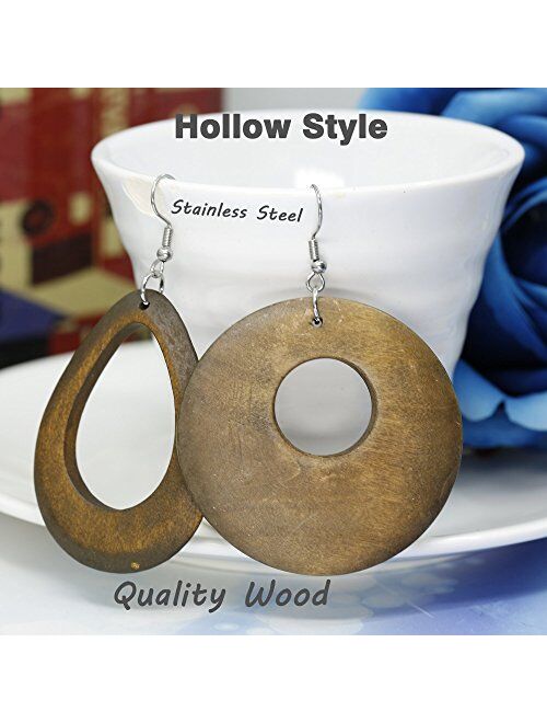 JOERICA 4 Pairs Statement Dangle Earrings for Women Girls Ethnic Wood Drop Earrings Stainless Steel Stud