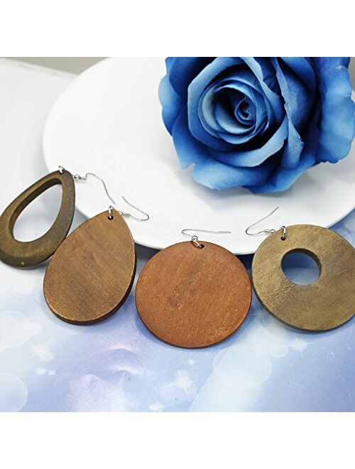 JOERICA 4 Pairs Statement Dangle Earrings for Women Girls Ethnic Wood Drop Earrings Stainless Steel Stud