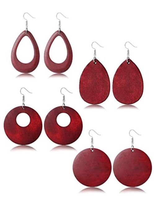 JOERICA 4 Pairs Statement Dangle Earrings for Women Girls Ethnic Wood Drop Earrings Stainless Steel Stud