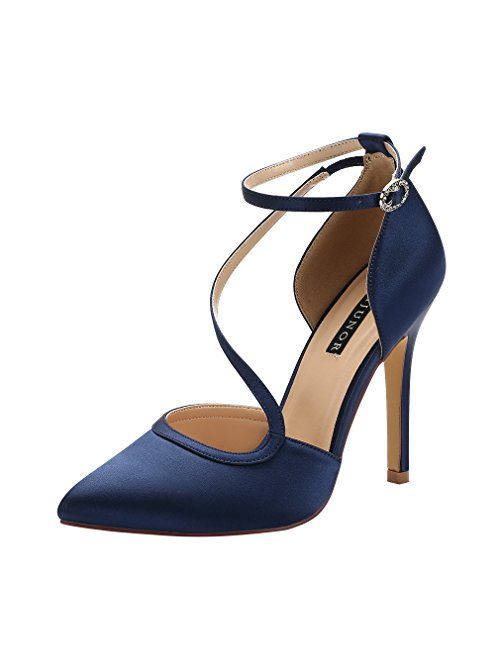 ERIJUNOR Women High Heel Ankle Strap Satin Dress Pumps Evening Prom Wedding Shoes