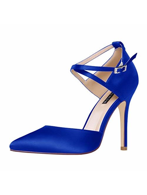 ERIJUNOR Women High Heel Ankle Strap Satin Dress Pumps Evening Prom Wedding Shoes