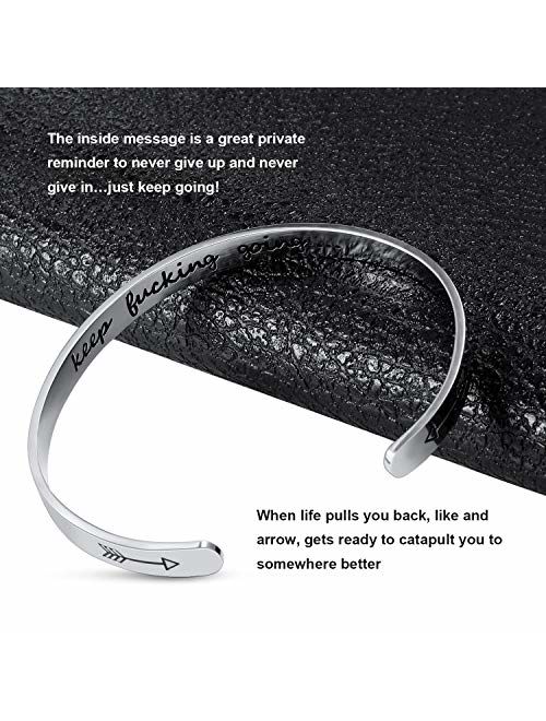 meekoo Inspirational Bracelets Stainless Steel Engraved Personalized Positive Mantra Quote Keep Going Cuff Bangle Graduation Bracelet Gift