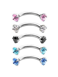 PiercingJ 2-5PCS 16G 3/8" (10MM) Stainless Steel Cubic Zirconia Gem(3MM) Internally Thread Curved Barbell Eyebrow Piercing Jewelry