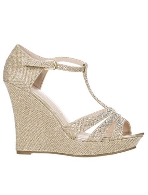 DeBlossom Womens Dressy Glitter Rhinestone T Strap Platform Wedge Sandal Aalle-2