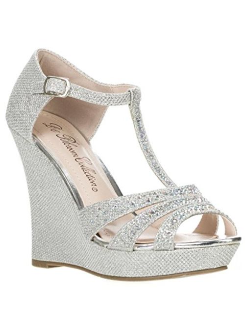 DeBlossom Womens Dressy Glitter Rhinestone T Strap Platform Wedge Sandal Aalle-2