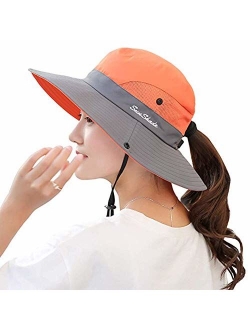 Ponytail Women's Summer Sun Bucket Hats UV Protection Safari Hiking Wide Brim Beach Foldable Mesh Fishing Cap