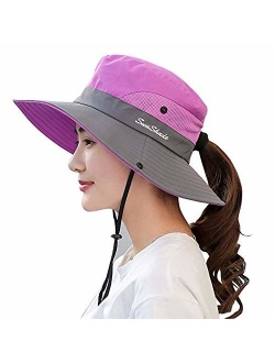 Ponytail Women's Summer Sun Bucket Hats UV Protection Safari Hiking Wide Brim Beach Foldable Mesh Fishing Cap