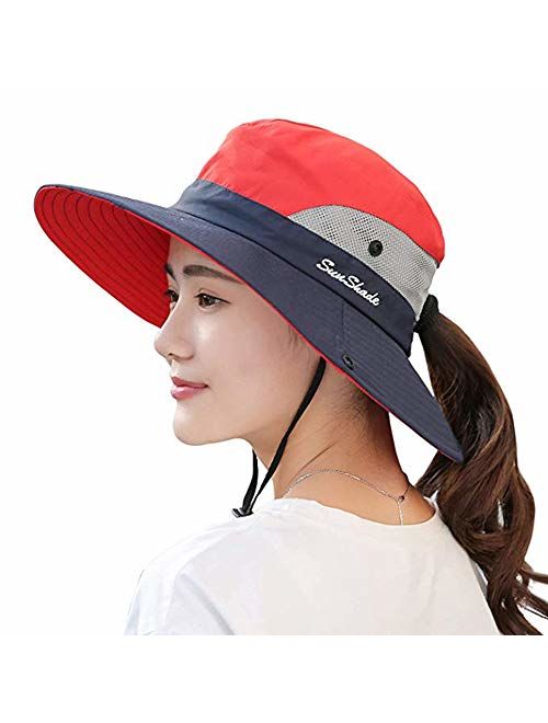 Ponytail Women's Summer Sun Bucket Hats UV Protection Safari Hiking Wide Brim Beach Foldable Mesh Fishing Cap