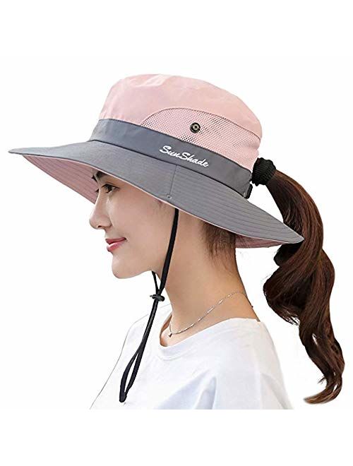 Ponytail Women's Summer Sun Bucket Hats UV Protection Safari Hiking Wide Brim Beach Foldable Mesh Fishing Cap