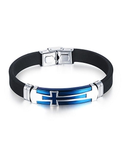 M.JVisun Cross Silicone Sport Wristband Bangle Bracelet Stainless Steel Design, Black/Blue, 7.87 inch