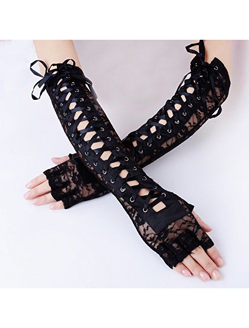 JISEN Womens Fingerless Gloves Elbow Lace Up steampunk Costume Arm Warmer