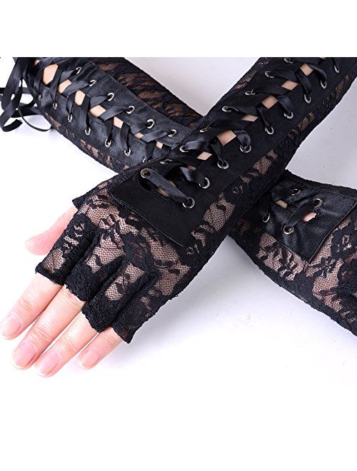 JISEN Womens Fingerless Gloves Elbow Lace Up steampunk Costume Arm Warmer