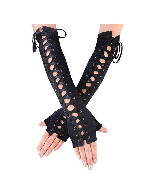 JISEN Womens Fingerless Gloves Elbow Lace Up steampunk Costume Arm Warmer