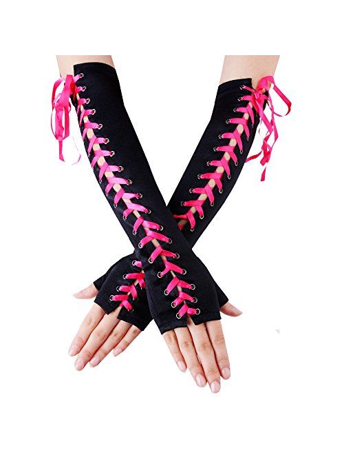 JISEN Womens Fingerless Gloves Elbow Lace Up steampunk Costume Arm Warmer