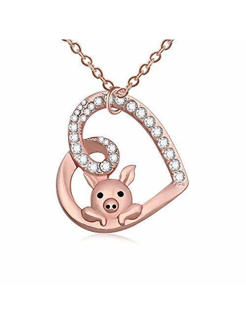 TUSHUO Delicate Cute Hollow Heart Lovely Pig Pendant Necklace Piggy Crystal Jewelry for Women Girls Birthday